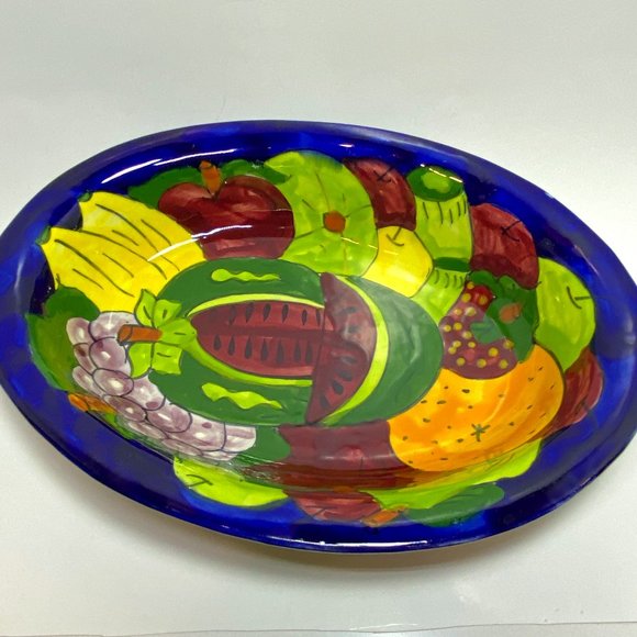 Large Hand Painted Oval Ceramic Deep Bowl Mexico Watermelon Fruits - Picture 1 of 7